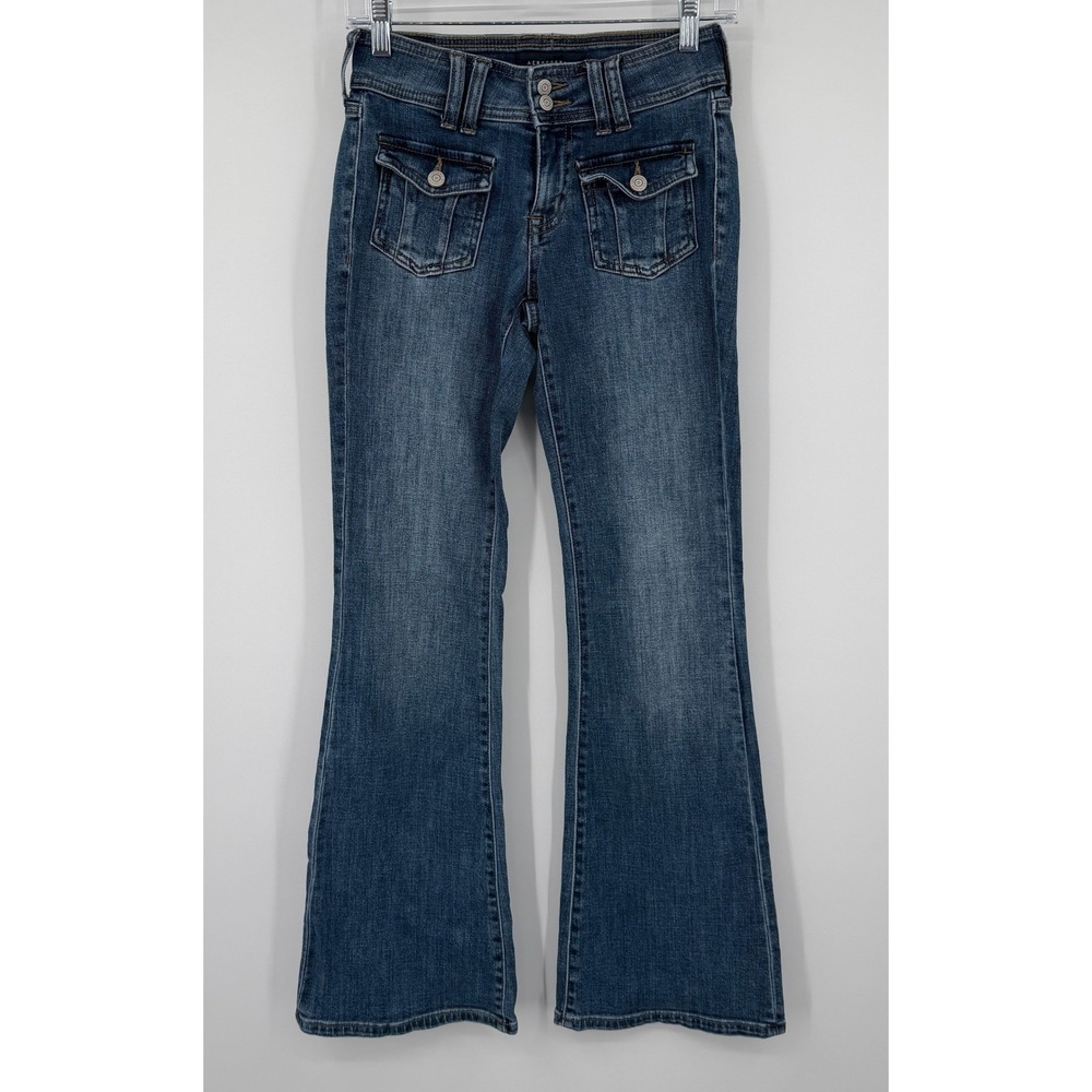 Aeropostale Low Rise Flare Jeans Blue Denim Front Flap Pockets Size 0 Reg 1660